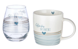 Gilde Set, Tasse/Becher, Trinkglas, "Glücksmoment", gestreift, Glas, Porzellan, blau, klar, weiß